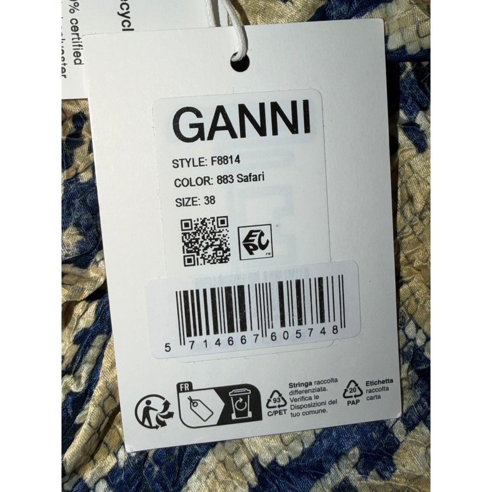 NWT Ganni Midi Dress Womens 6 Blue Tan Snakeskin Ruched Puff Sleeve - Picture 15 of 15